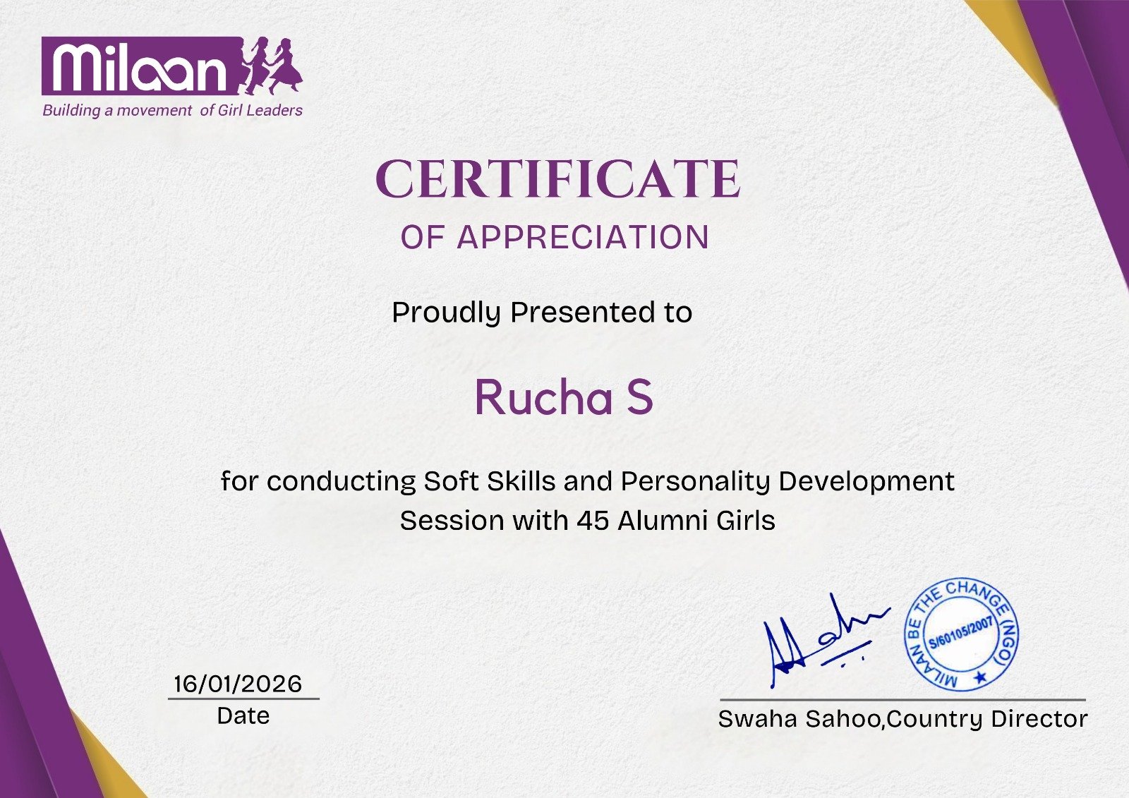 Certificate of Appreciation — Milaan